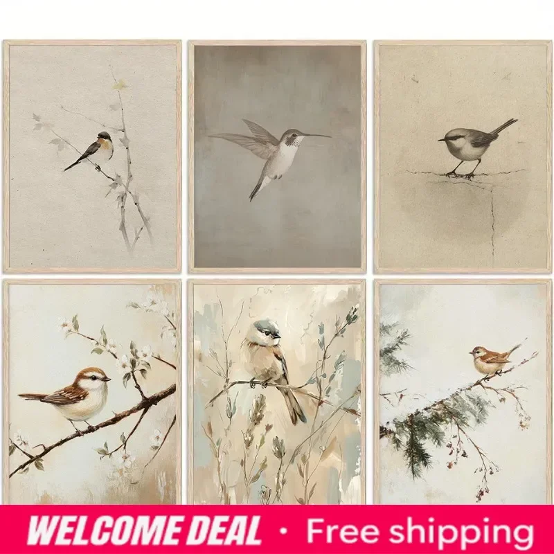 2026  Retro Pastel Hummingbird Bird Small Chickadee Simple Nature Animals Poster Canvas Painting Wall Art Pictures Home Decor