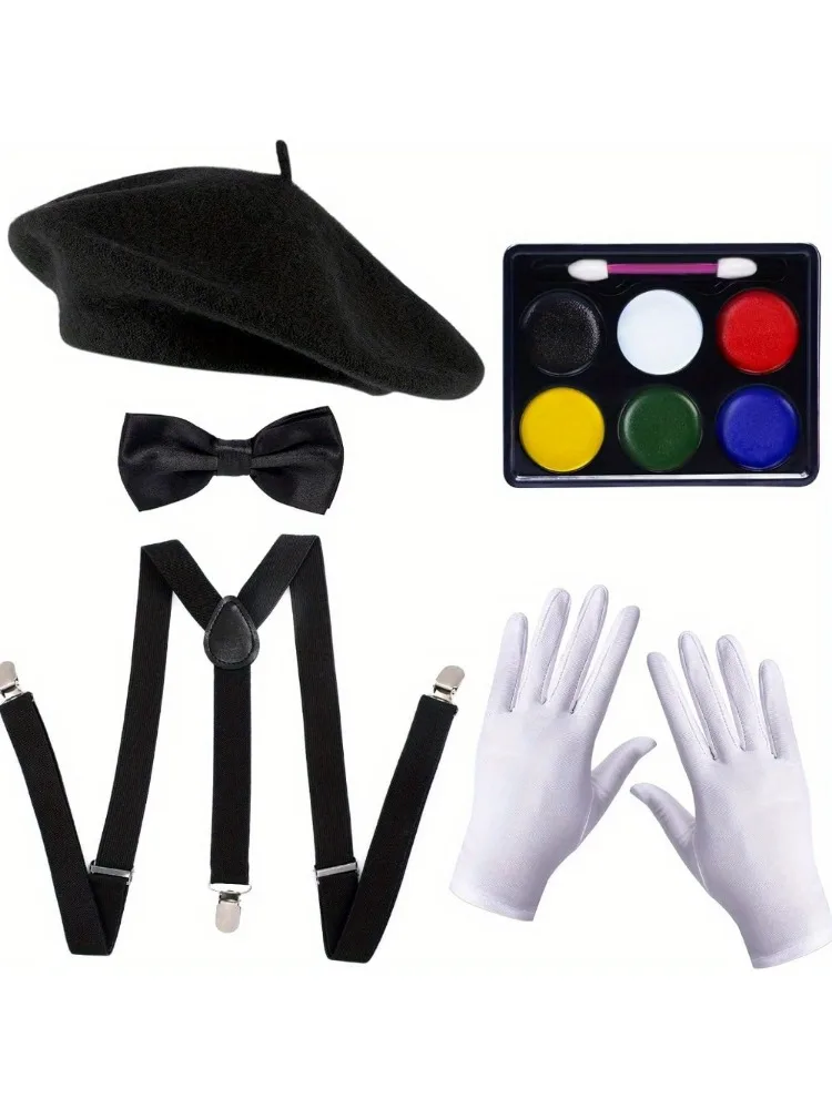 PESENAR Mime Kunstenaar Accessoires 6 Stuks met Baret Hoed Jarretel Sjaal Handschoenen Gezicht Verf Sokken voor Halloween mime Kostuum