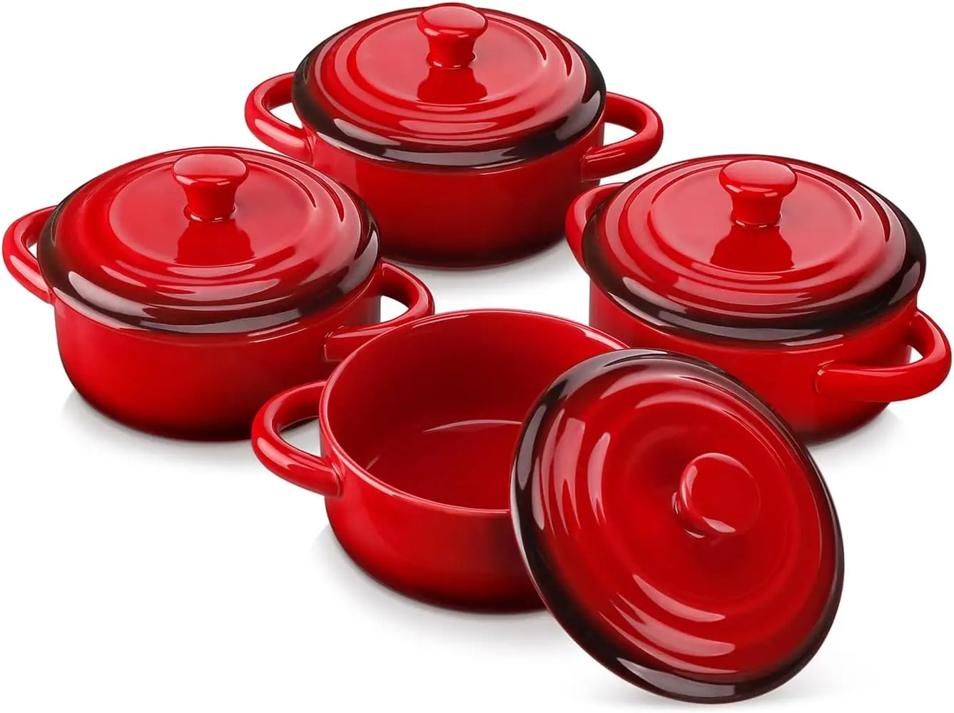 

Mini Cocotte Set of 4, 12 OZ Casserole Dishes with Lids, Oven Safe Red Soup Bowls