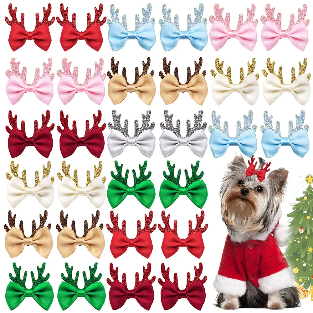 100PCS Christmas Dog Hair Clips Handmade Elk Antlers Dog Bows with Metal Clips Cute Dog Hair Accessories for Small Dogs and Cats