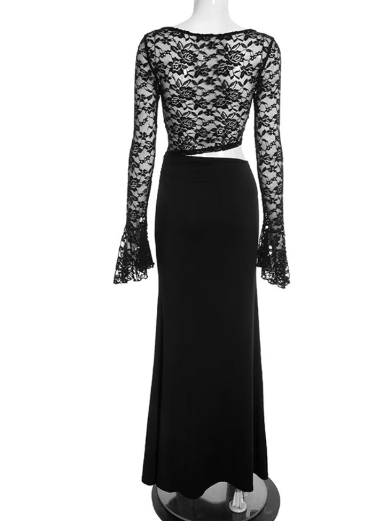 FDYOUI Women O-neck Flare Sleeve Lace Patchwork Evening Dress Elegant See-through Cut Out Asymmetrical Cocktail Party Dresses