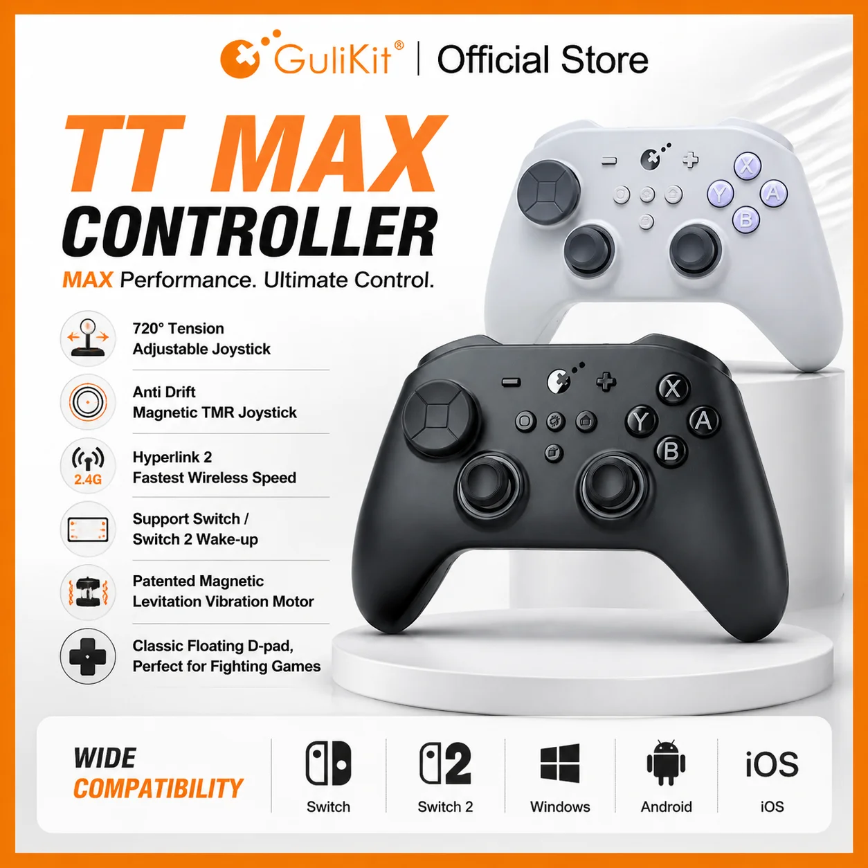 GuliKit TT MAX Wireless Game Controller with Tension Adjustable TMR Joysticks Anti Drift Gamepad for Switch 1/2 PC Android iOS