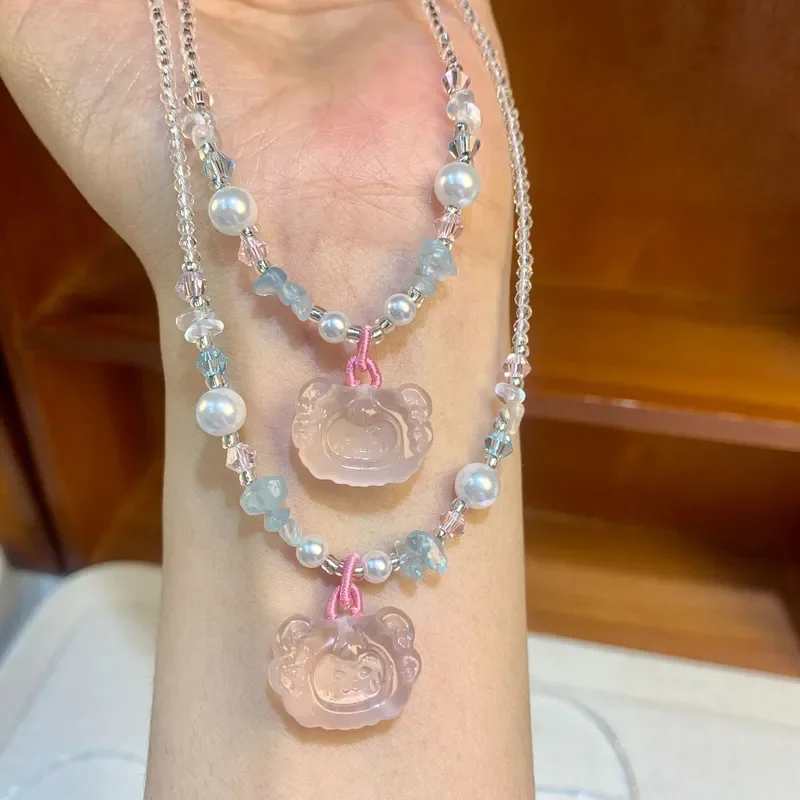 Crystal collarbone chain spring atmosphere pink necklace female gift Chinese Mozambican powder crystal multi-sister