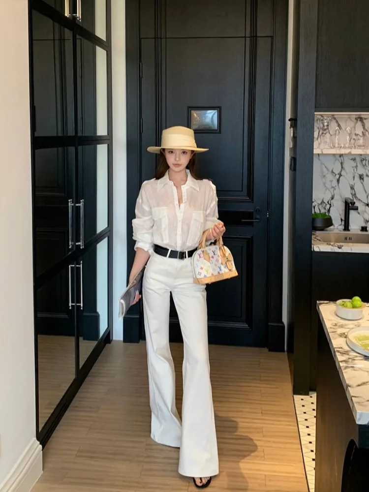 

Комплект для женщин: повседневная рубашка и брюки для похудения, тонкий, с длинным рукавом, с воротником, весенний модный ансамбль, брюки с высокой талией, классический стиль.