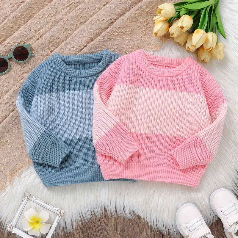 0-36months Baby Knit Sweaters Long Sleeve Round Neck Striped Contrast Color Pullover Sweaters For Infant Boys And Girls