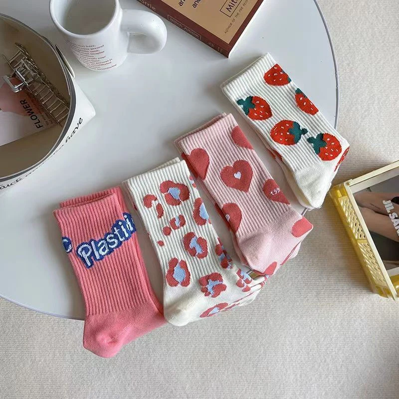 Pink Socks Women\'s Spring Trend Versatile Mid Tube Socks Love Letter Cute Kawaii Long Socks Ins Trendy Outwear Women\'s Socks