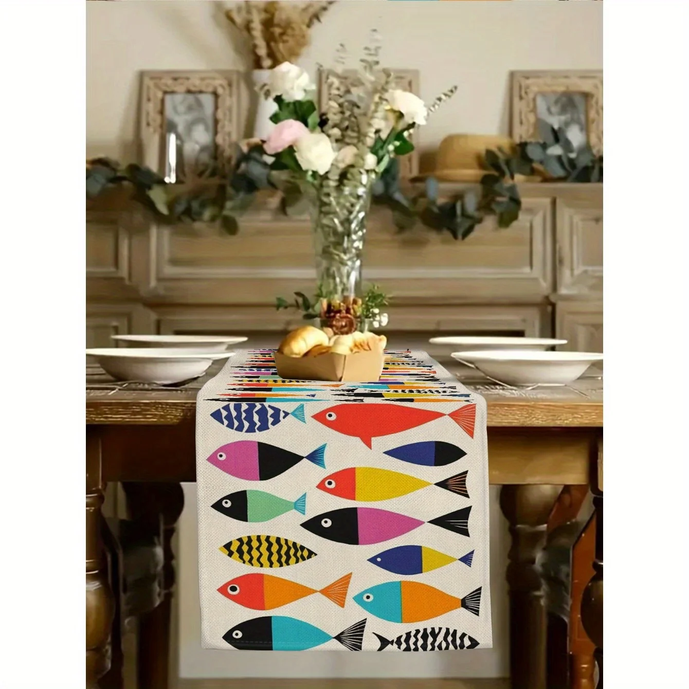 Cartoon Fish Pattern Printed Table Runner - Indoor Outdoor Home Kitchen Restaurant Festival Party Table Decor