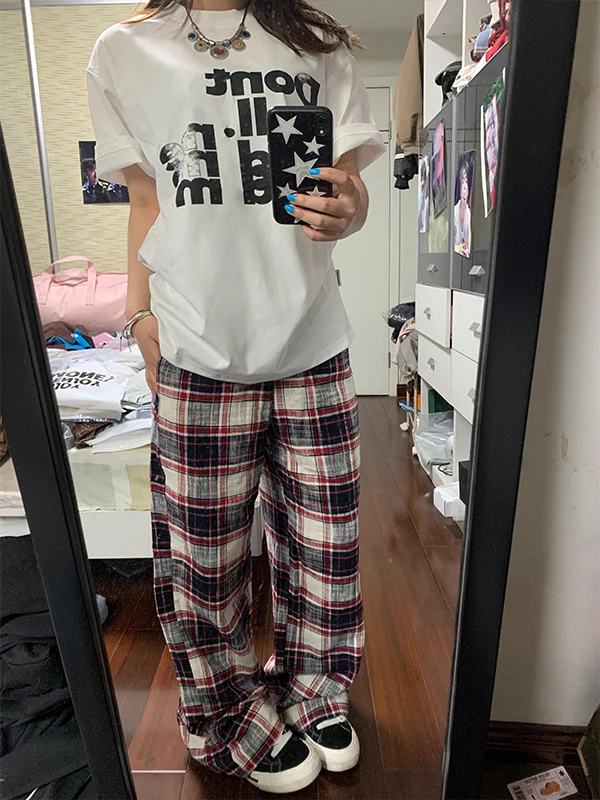 Low Waist Plaid Pants Vintage Loose Fit Casual Floor Length Flocking Design Summer New Style Women's Wide Leg Trousers