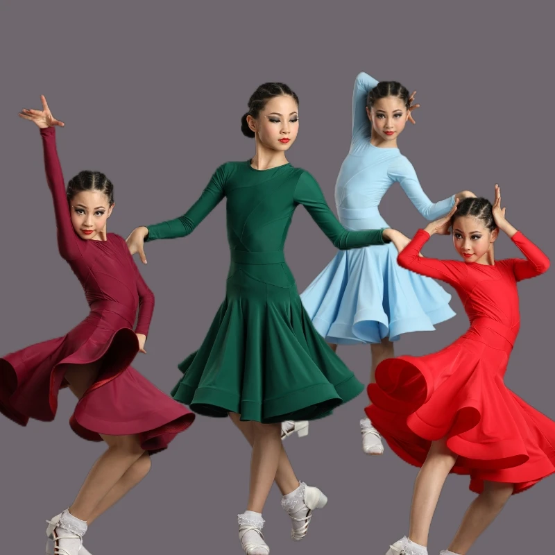 4 Colors Ballroom Dance Dress Competition Practice Clothes New Girls Long Sleeved Latin Dance Dress Kids Salsa Dress SL7200