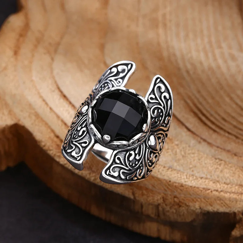 sterling silver ring tang grass pattern black zircon ring ring opening thai silver retro trendyy personalized jewelry