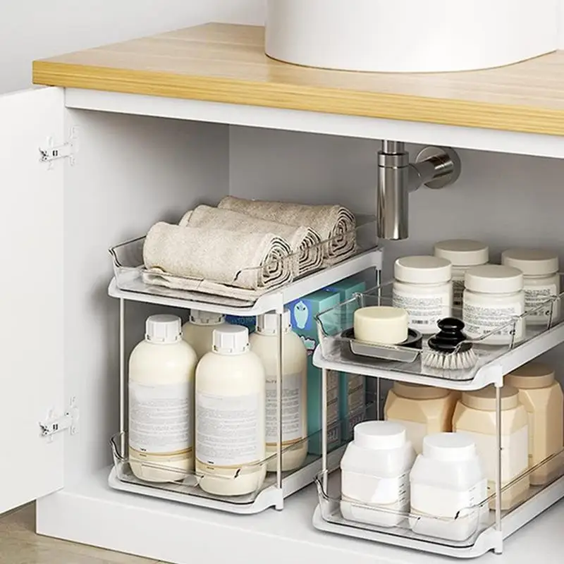 Pull Out Cabinet Organizer | 2 Tier Cabinet Pull Out Drawers | Adjustable Multi-purpose Under Sink Organizers for Kitchen