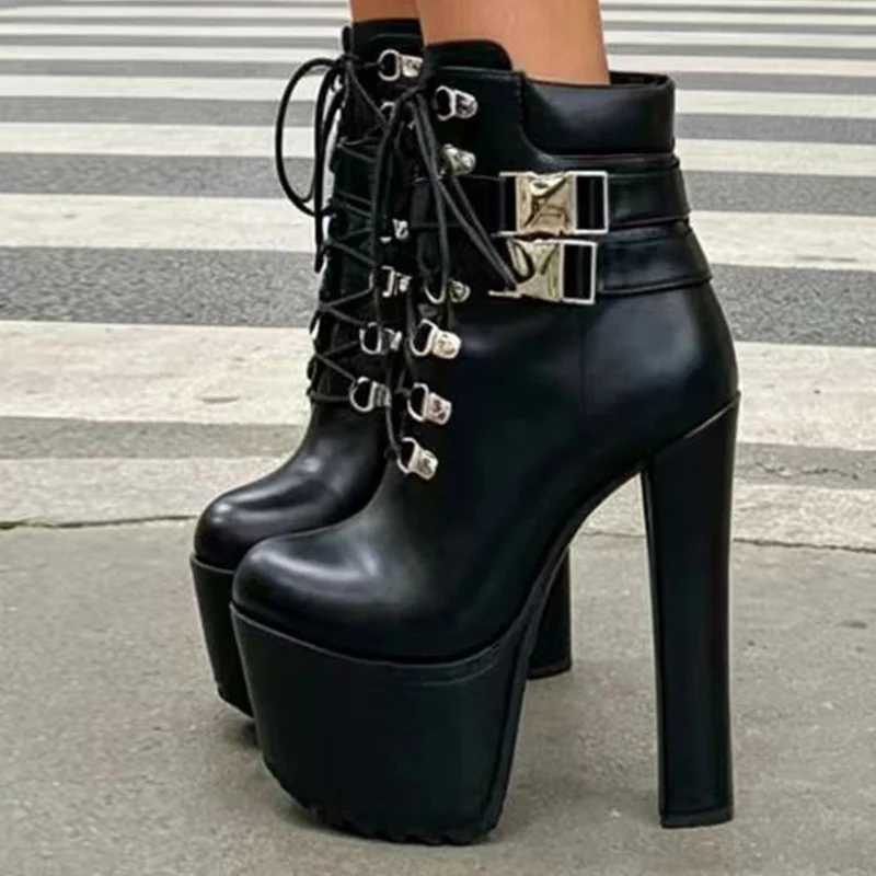 Liyke Runway Fashion Buckle Strap Extreme High Heels Platform Boots For Women Round Toe Cross Lace Up Party Club Stripper Shoes