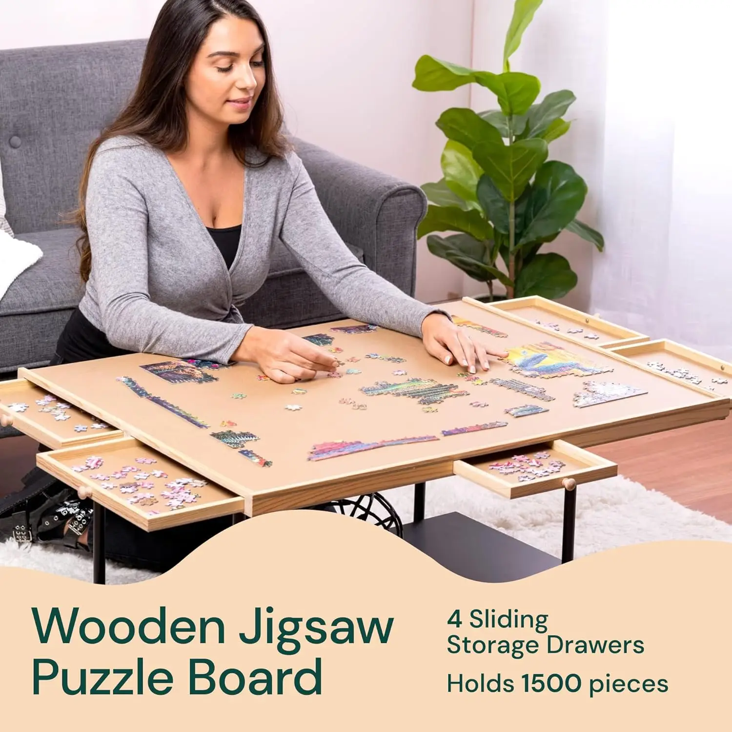 Puzzle Locker 1500 Piece Puzzle Board with Drawers & Cover, Wooden Sturdy Portable Jigsaw Puzzle Table with 6 Drawers 27