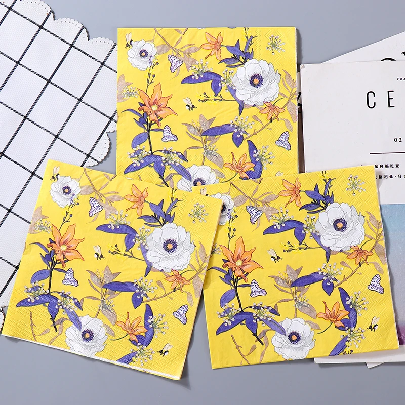 10/20 قطعة 33 سنتيمتر 2 طبقة جديد الأصفر الزفاف اللون المناديل حفلة كأس للنبيذ الأزهار ورقة الديكور اللوحة DIY Decoupage ورقة #4