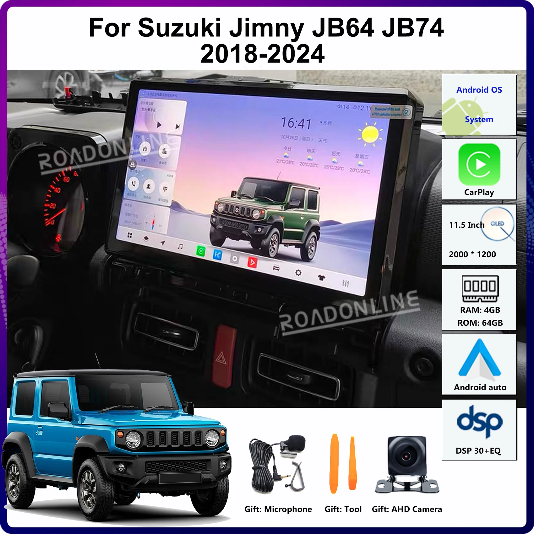 11,5" Android 14 für Suzuki Jimny JB64 JB74 2019-2025 8-Kern Auto-Multimedia-Player GPS-Haupteinheit Stereo-Radio-Empfänger CarPlay