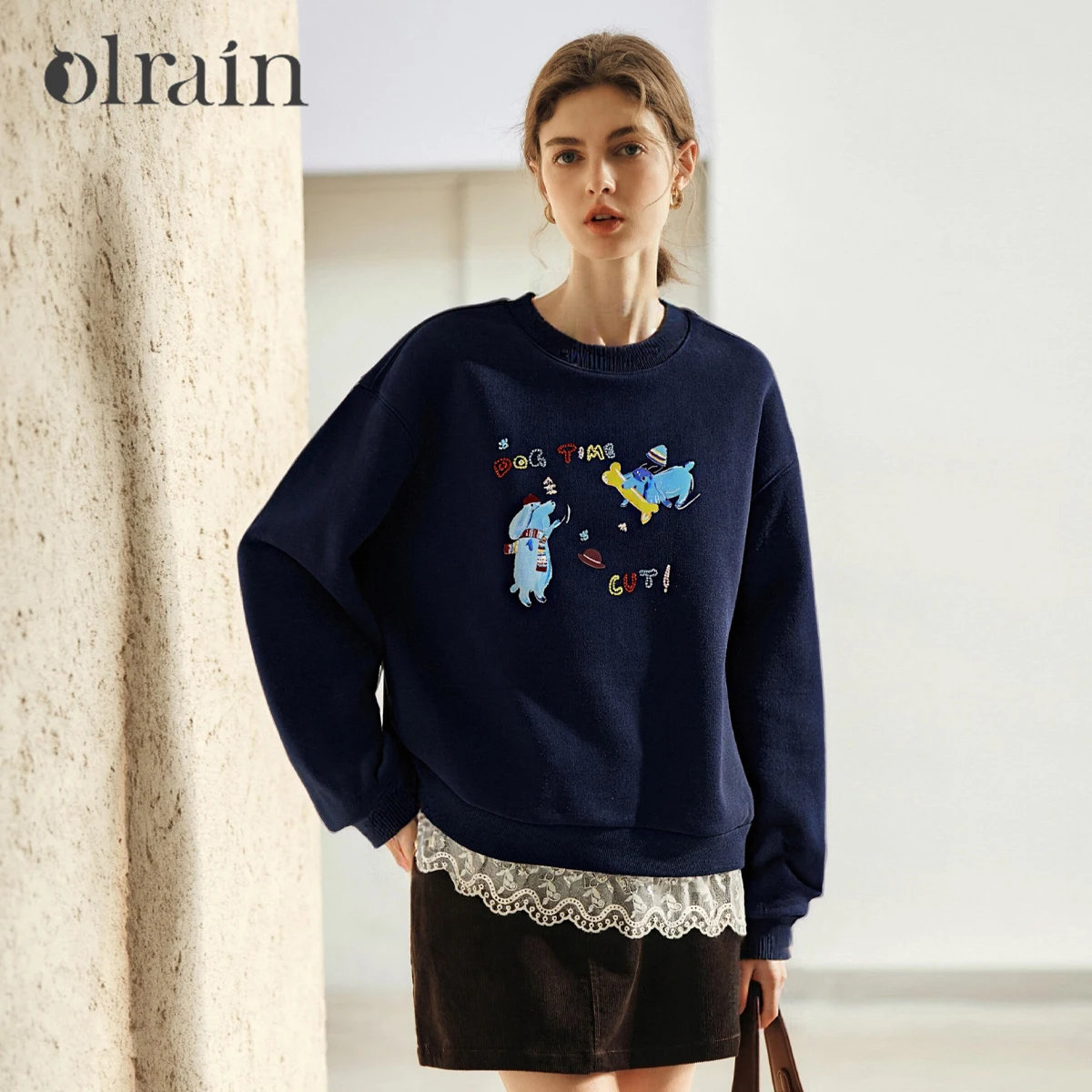 

OLrain Women's Funny Cartoon Print Sweatshirts Casual Round Neck Sweaters Spring 2026 Embroider Knitted Cotton Tops O57DR001889