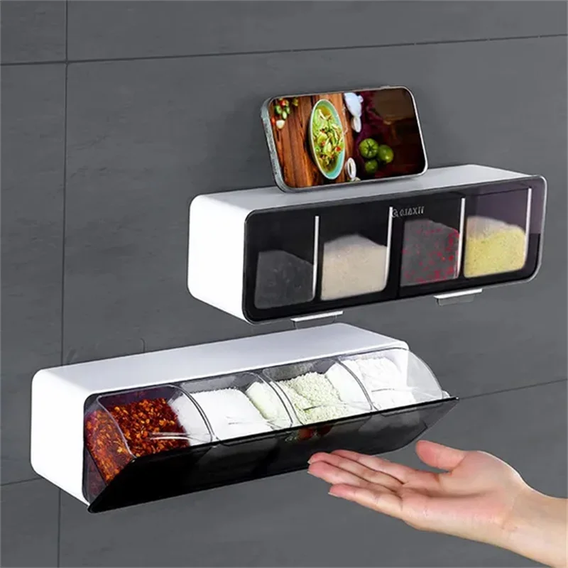 4 In 1 Seasoning Box Combination Set Wall-mounted Seasoning Storage Box Sugar Salt Spices Container Organizer Kitchen Supplies