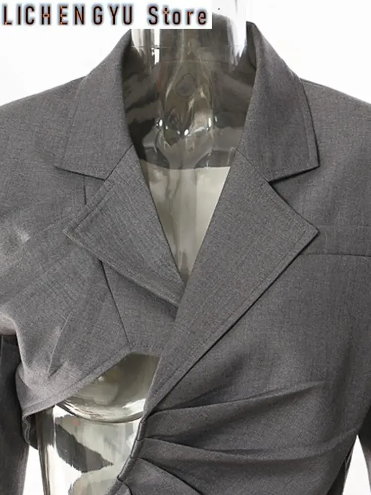 Women Gray Irregular Pleated Elegant Blazer New Lapel Long Sleeve Loose Fit Jacket Fashion Tide Spring Autumn
