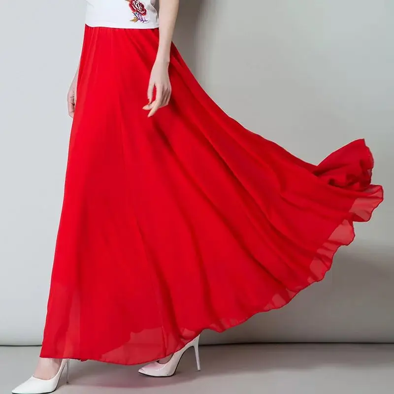 تنورة ماكسي طويلة مكشكشة بطيات للسيدات على الطراز الكوري لربيع 2026 ، تنانير شيفون بوهيمية مقاس كبير تنانير خريفية