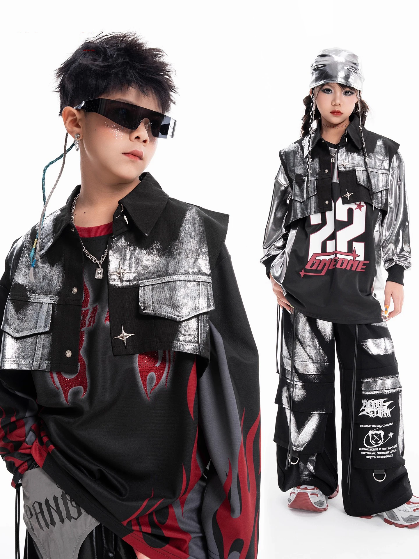 

New Kids Street Dance Boys Suit Jazz Dance Costume Vest Long Sleeve Top Pants Children Hip Hop Clothing Stage Clothes DN22080