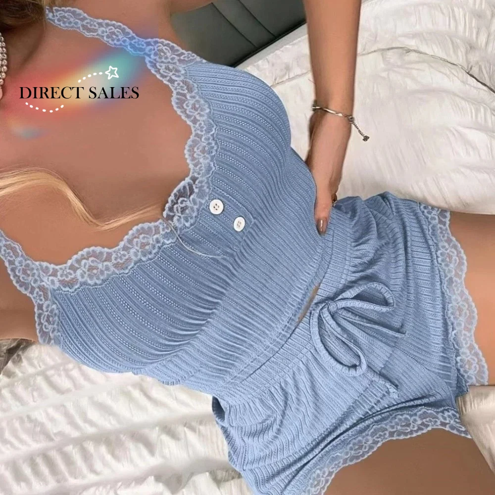 

Slim Fit Women Lace Camisole Pajamas Long Pants and Shorts Sleeveless Lace Vest Homewear Suspender Vest Lace Corset