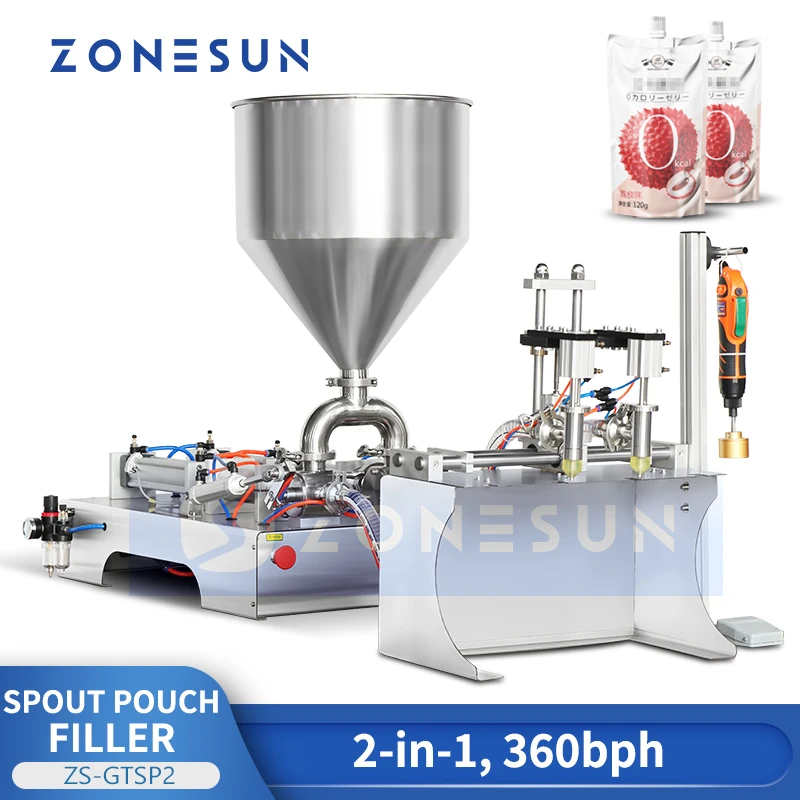 

ZONESUN Semi Automatic Spout Pouch Packaging Machine Piston Pump Liquid Filler Pet Food Juice Sauce Screw Capper ZS-GTSP2