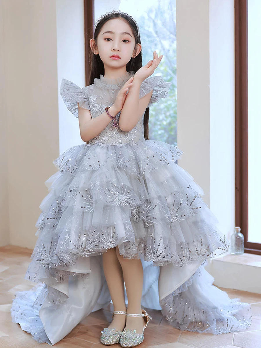 

Girls Tail Formal Dresses O-Neck Flying Sleeves Sequin Piano Performance Gown Exquisite Elegant Kids Birthday Party Cake Dress