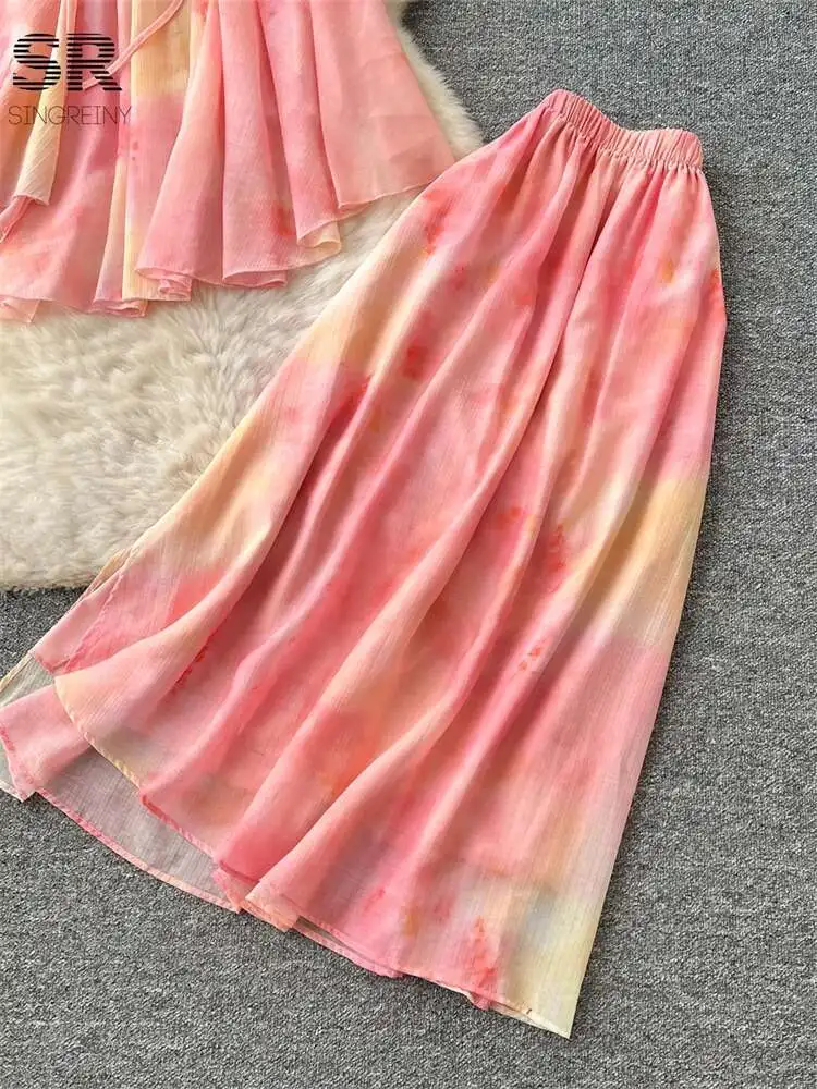 BabYoung Summer Vacation Two Piece Sets 2025 French Style Sexy Halter Camis Elastic Waist Skirt Women Gentle Print Beach Suits