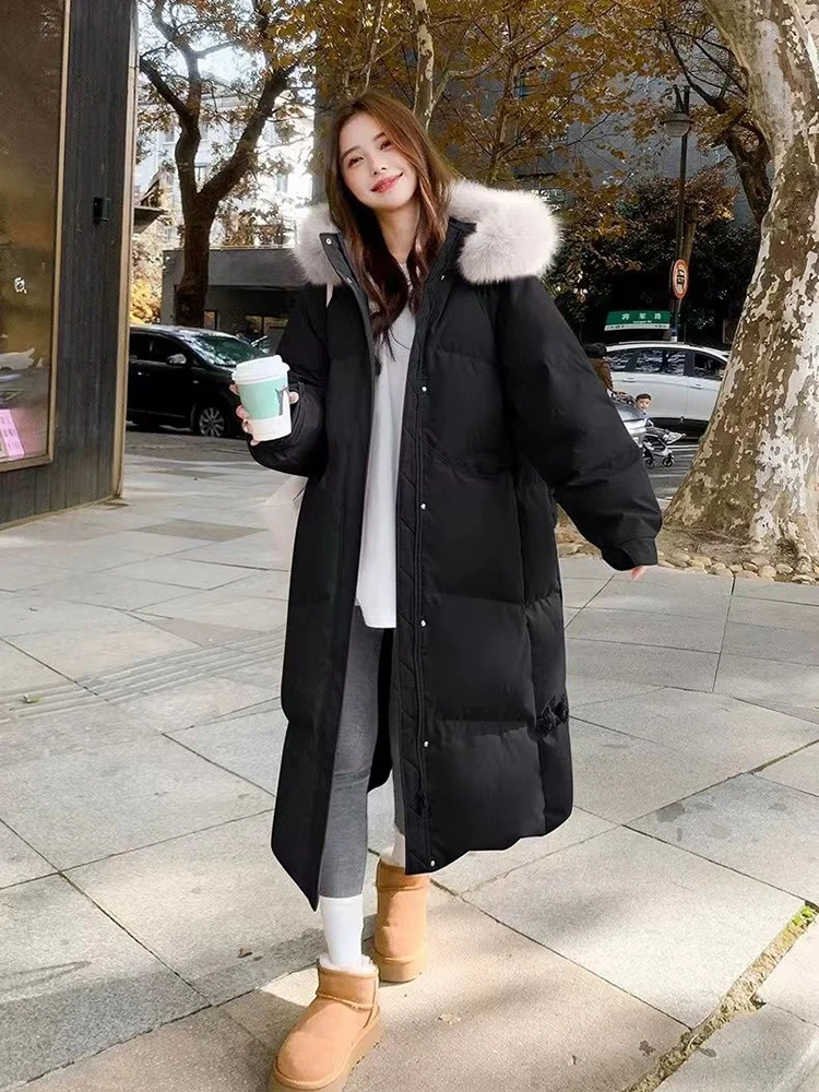 Winter Women Cotton-padded Clothes New Long Over-the-knee Big Fur Collar Hooded Down Jacket Female Long Cold-proof Warm Coat