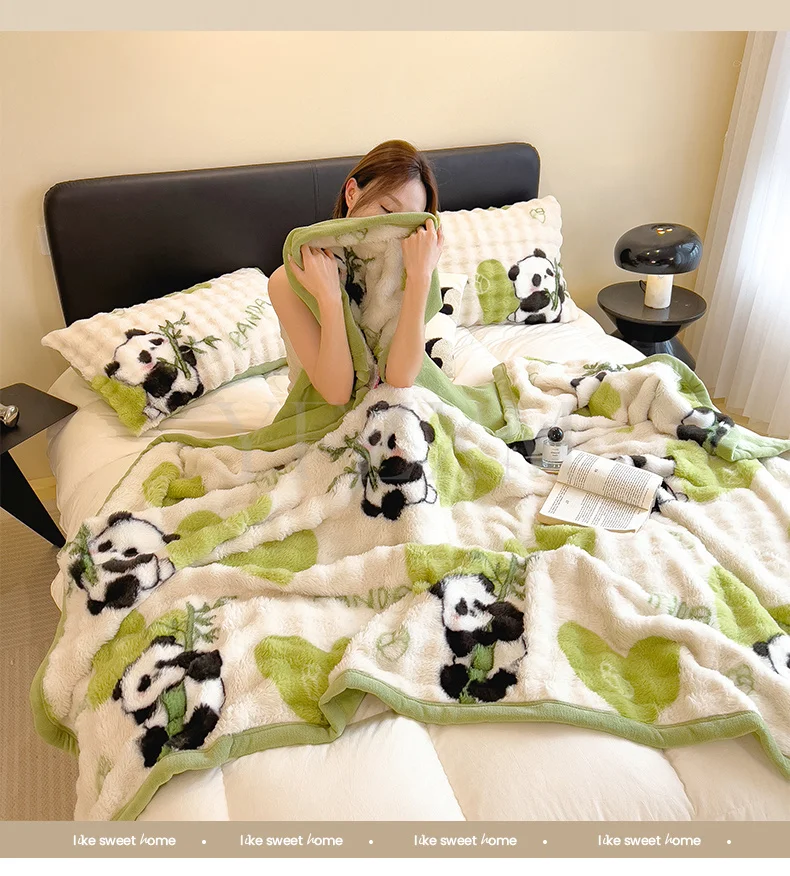 Cute Giant Panda Fluffy Fleece Blanket Fall Winter Thick Warm Faux Rabbit Fur Bed Blanket Plush Sofa Throw Cover Soft Bedspread