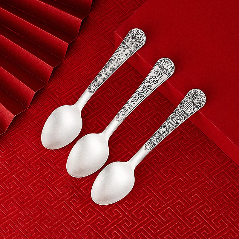 

Silver spoon 999 sterling silver edible western food spoon five Fu Linmen silver spoon household spoon rice spoon spoon