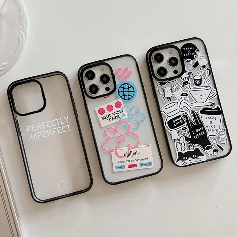 

Graffiti Coffee Stickers Upgrade Acrylic Border Phone Case Cover for IPhone 11 12 13 14 15 16 Pro Max Case for IPhone 16 Pro Max