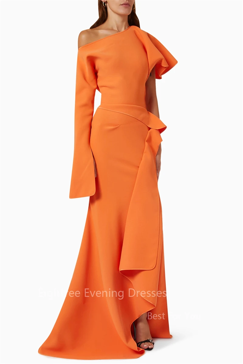 Eighree Orange Evening Gown One Shoulder Mermaid Matt Satin Celebirty Night Sexy Prom Dresses Formal Gowns Long Sleeve Dress