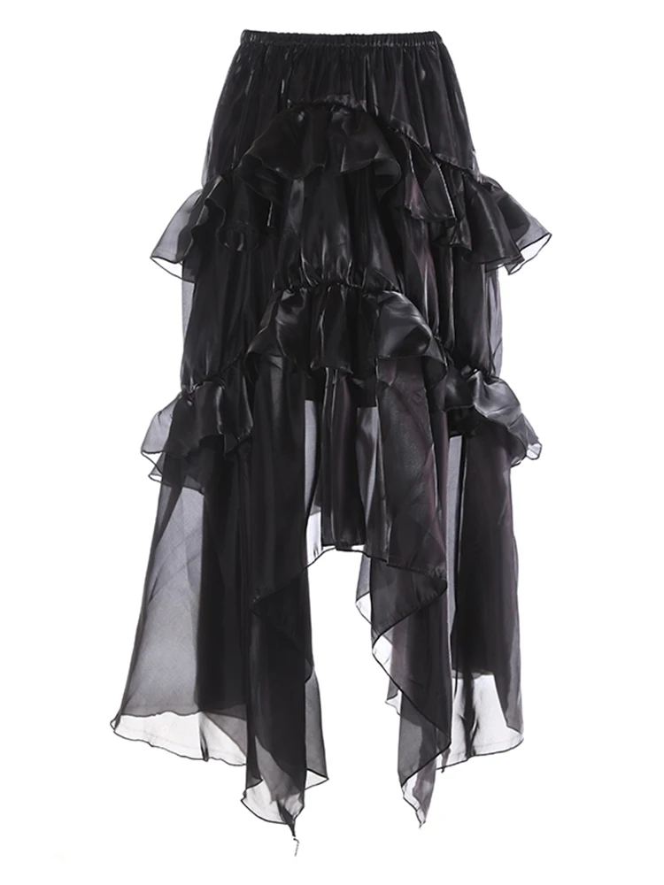 

High Elastic Waist Organza Glossy Ruffled Asymmetrical Half-body Skirt Women Fashion New Spring Autumn