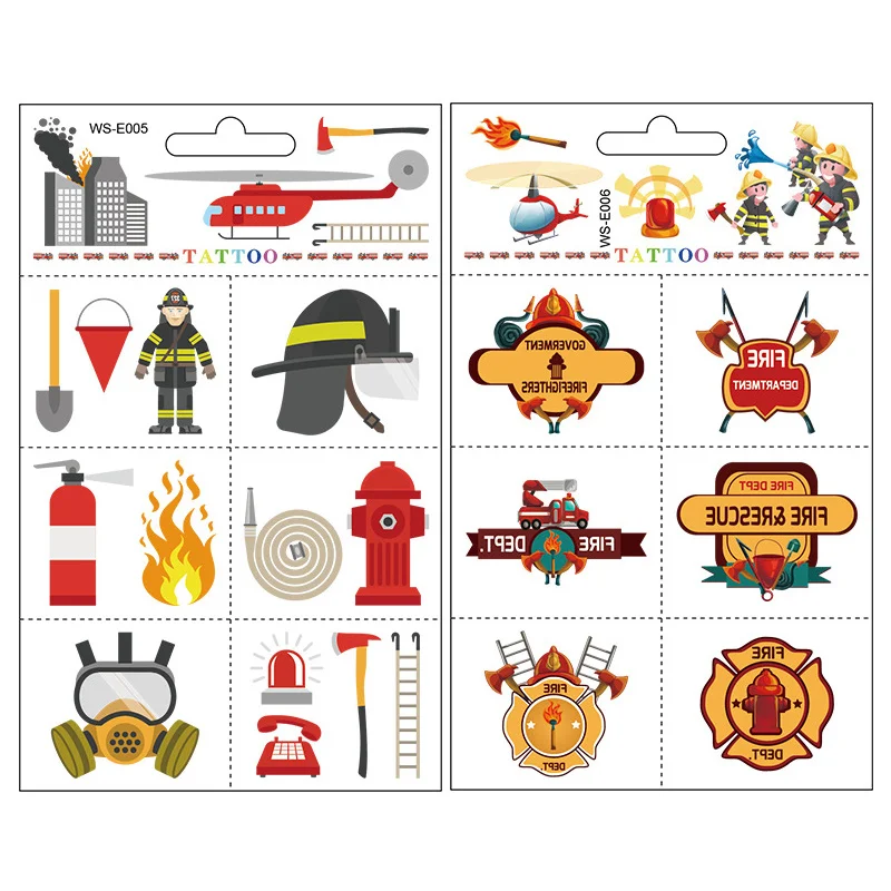 10 Sheets/Set Fireman Sam Birthday Decorations Firefighter Temporary Tattoos Stickers Fire Department Theme Party Supplies Decor