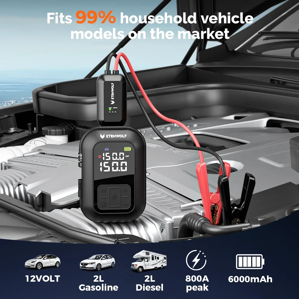 ETENWOLF X5 PRO 2-in-1 ضاغط هواء محمول ومبتدئ الانتقال، بطارية 6000 مللي أمبير في الساعة، 160 رطل لكل بوصة مربعة، 4 أوضاع محددة مسبقًا للسيارة/الشاحنة/الدراجة/الكرة #2