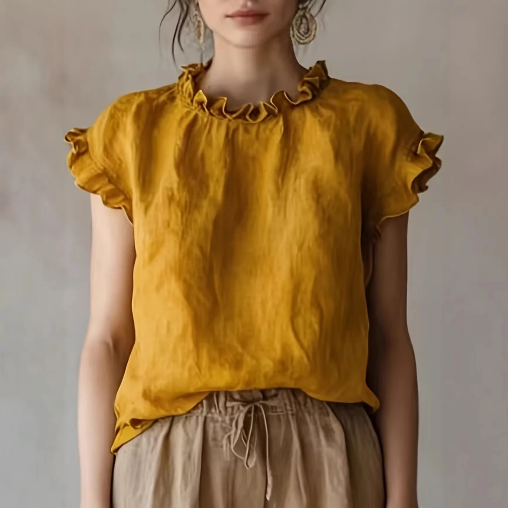 

Women's Mustard Yellow Linen Blouse, Ruffled Crew Neck Cap Sleeve Top, Casual Loose-Fit Shirt for Summer