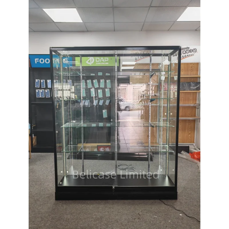 Custom, aluminum frame display with adjustable shelves glass display showcase wall cabinet for smoke shop decoration