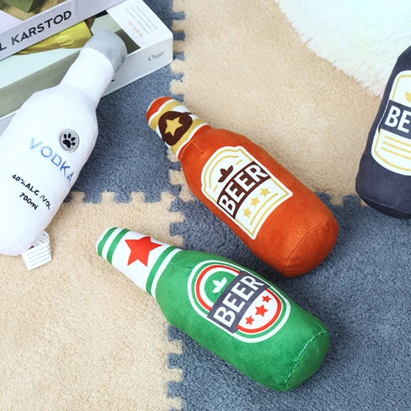 Lovely Dog Squeak Toy Small Beer Bottle Toy Interactive Dog Plush- Tug-of-war Toy for Medium Large Dogs Dropship