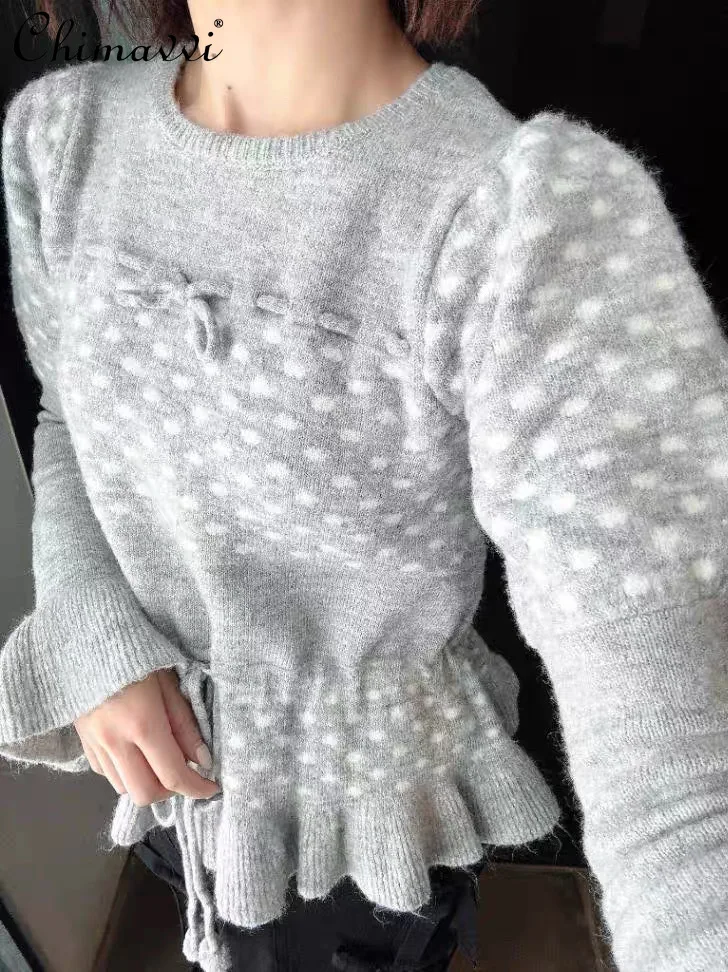 اليابانية الحلو كشكش الخصر البولكا نقطة سترة الخريف الشتاء موضة جديدة جولة الرقبة طويلة الأكمام سليم صالح البلوز محبوك #5