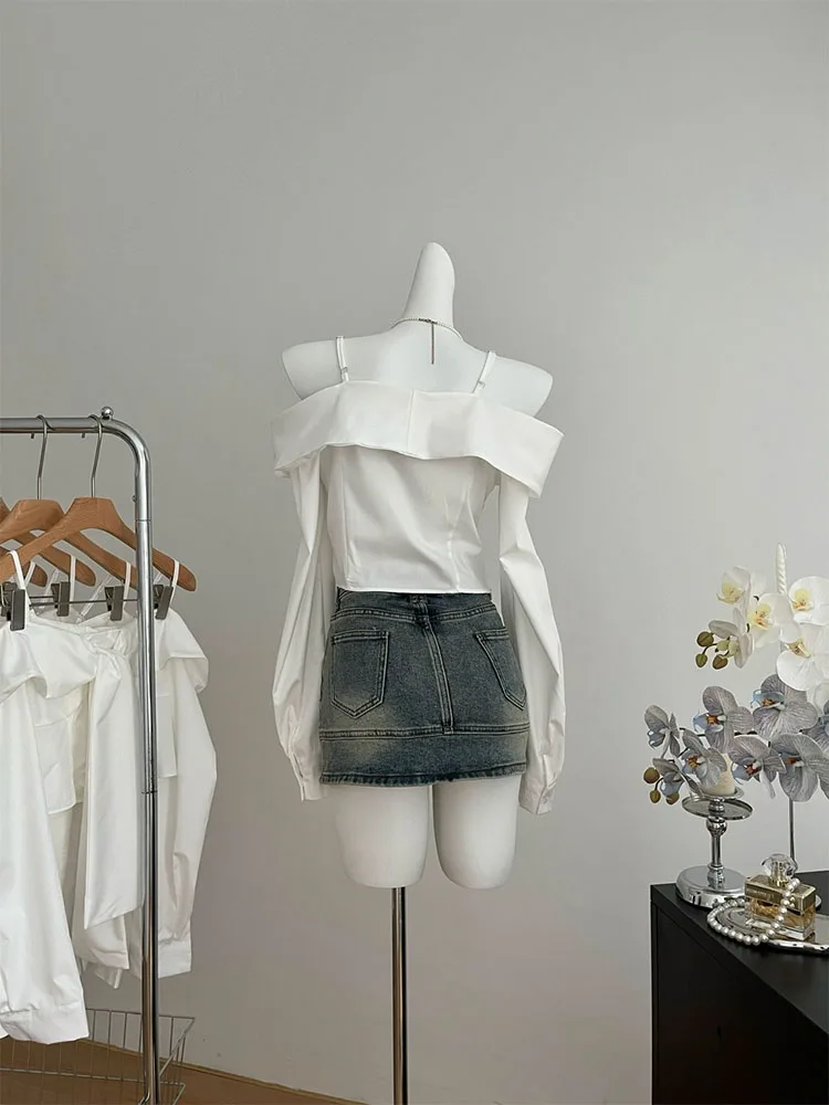 White Chic Slash Neck Halter Top Autumn Women Sweet Kawaii Bandage Bow Shirts French Elegance Sexy Off Shoulder Chiffon Blouses