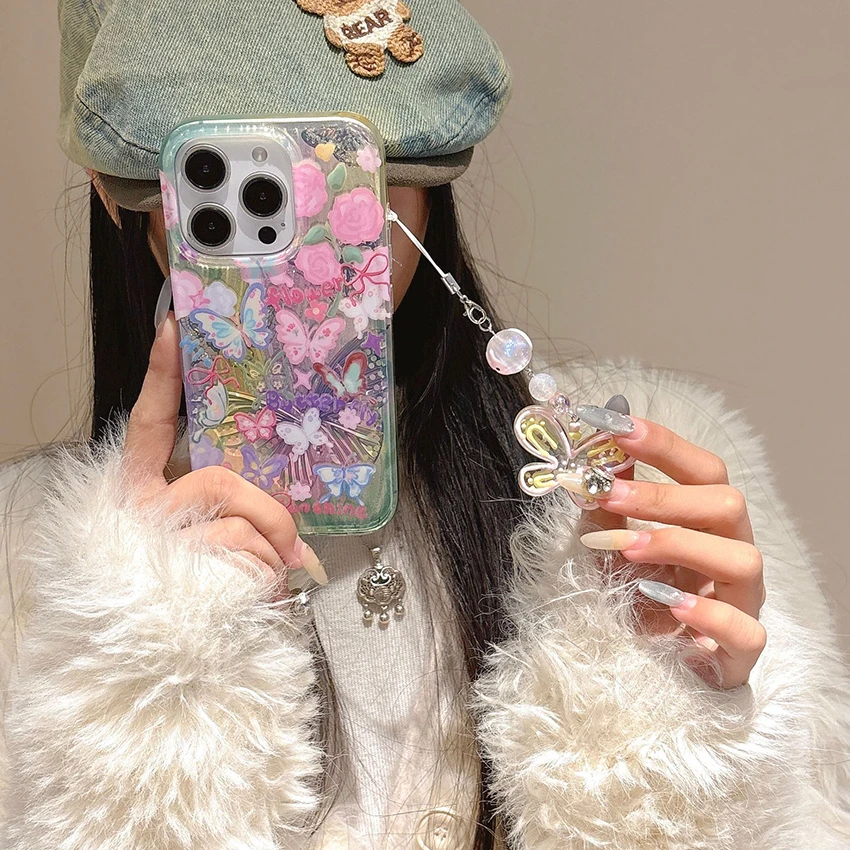 حافظة هاتف على شكل فراشة ليزر لهاتف آيفون 17 16 15 14 13 برو ماكس طبقة مزدوجة بالضغط الساخن كرافت 16 برو ماكس حافظة هاتف حلية 15 برو