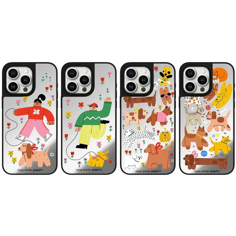 Cartoon Walk Dog Mirror Magnetic iPhone 11 12 13 14 15 16 Pro Max Protective Case with MagSafe