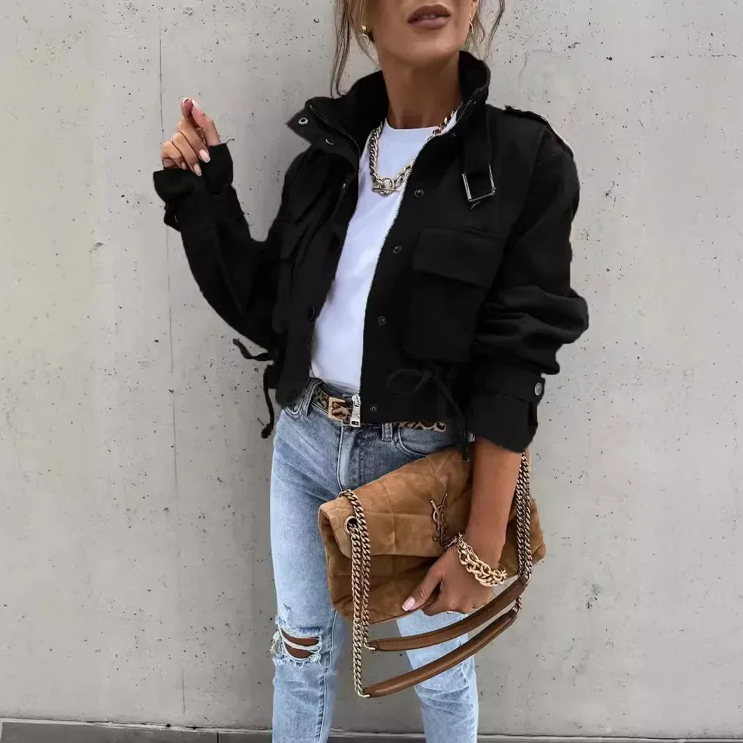 streetwear Jacket Women Autumn Female Coat Top Solid Color Casual Single Breasted Lace Up Pockets Zipper Outerwear