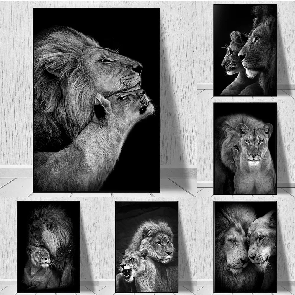 

Modern Animal Lions' Love Wall Art Poster And Prints Home Decor Black White Canvas Painting For Living Room Bedroom Gift