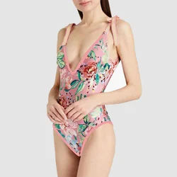 Biquíni sexy rosa contrastante feminino, estampa com flores em V profundo, maiô de resort de praia, encobrimento, novo, verão