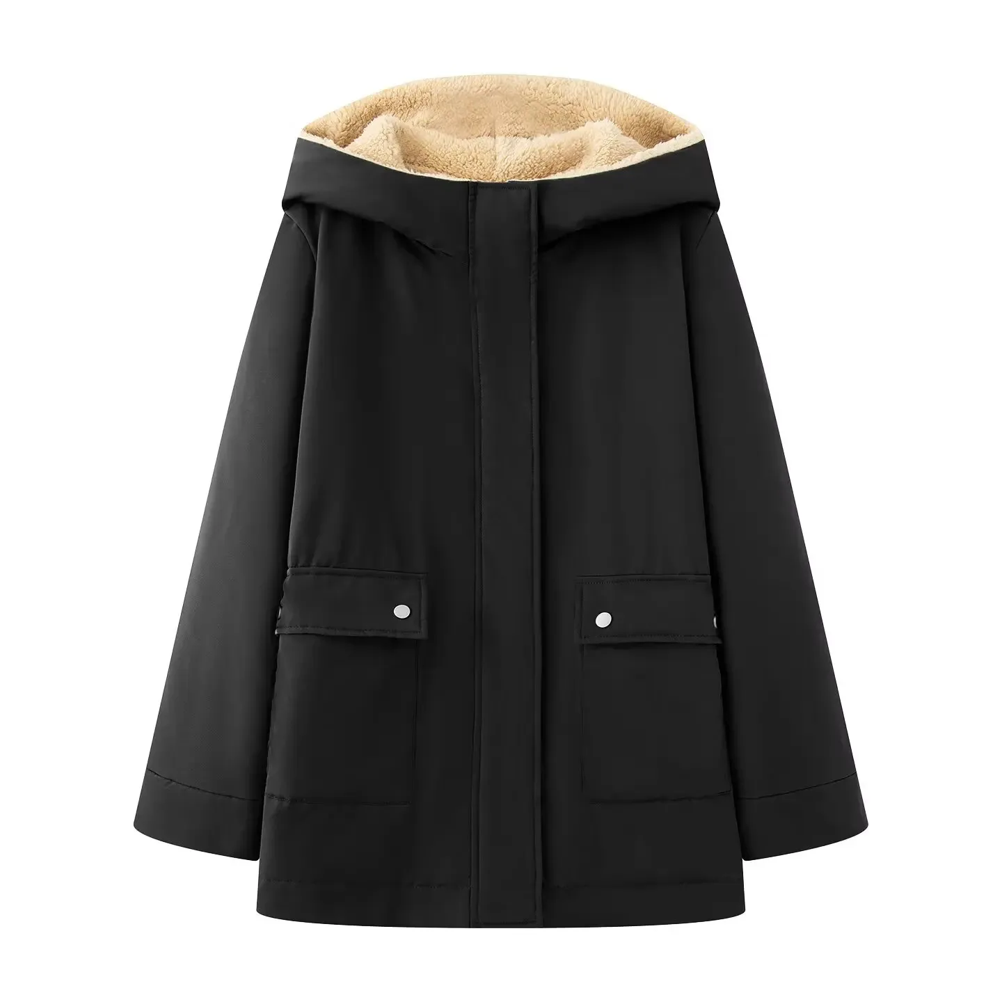 HH Women Winter Fashion Solid Plush Hooded Thickened Parker Cotton Coat Female High Street Casual Warm Zipper Pocket Jacket