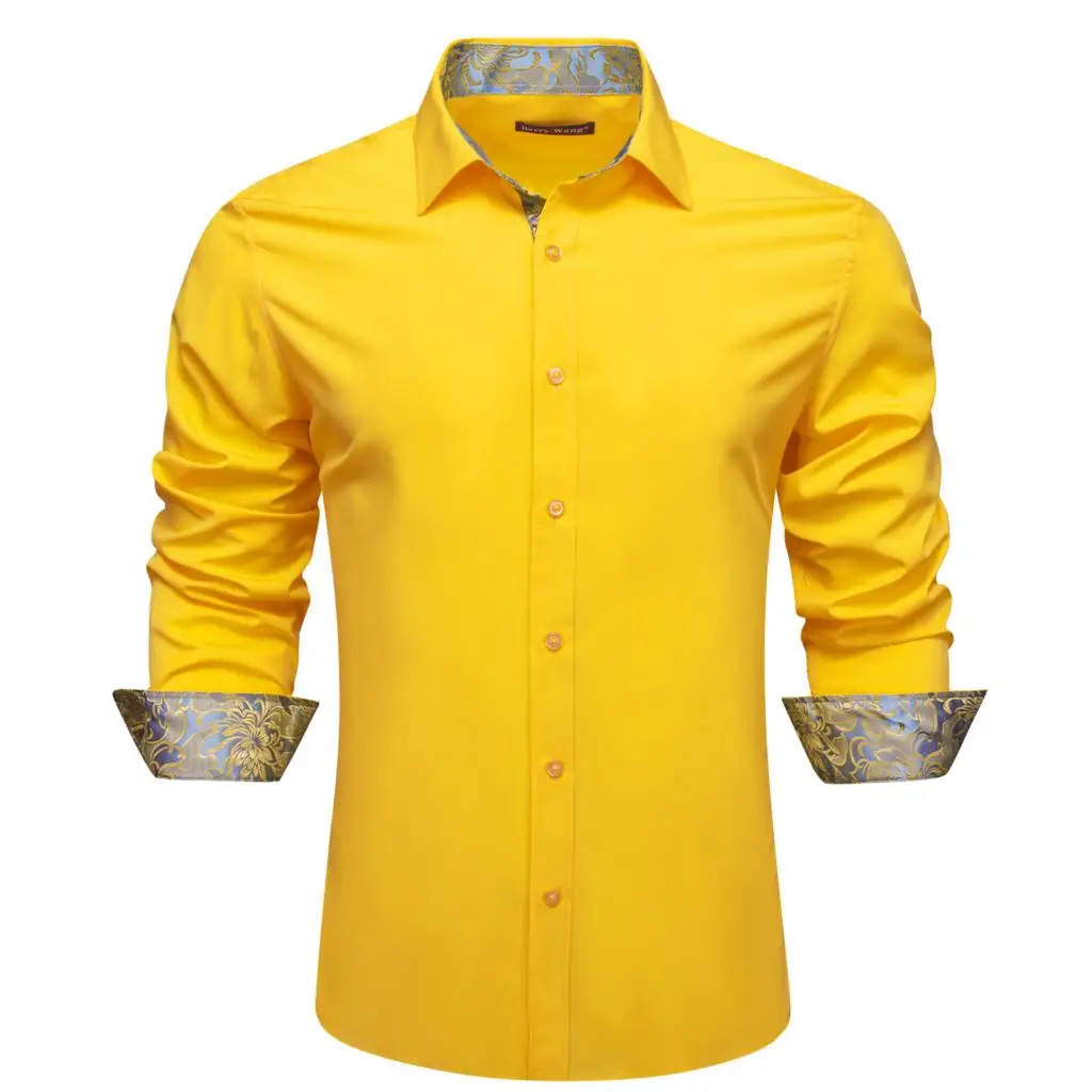 

Luxury Long Sleeve Men's Shirts Silk Yellow Gold Solid Paisley Slim Fit Male Blouses Spring Autumn Casaul Tops Barry Wang