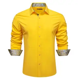 Luxury Long Sleeve Men's Shirts Silk Yellow Gold Solid Paisley Slim Fit Male Blouses Spring Autumn Casaul Tops Barry Wang