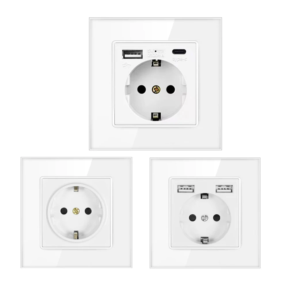 Melery EU Wall Power Socket USB TypeC White GS/PC Panel Electrical Germany Plug Outlet Mounted Square Schuko Home Office Kitchen